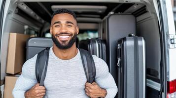 Smiling man with backpack standing in van filled with suitcases, ready for journey photo