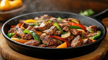 Sizzling steak with colorful peppers in cast iron skillet creates mouthwatering scene photo