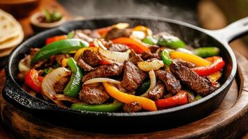 Sizzling cast iron skillet filled with juicy steak and colorful bell peppers, creating delicious photo