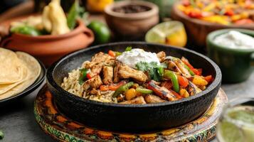 Sizzling fajita skillet with grilled chicken, colorful peppers, and rice, served with fresh photo