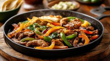 Sizzling fajita dish with grilled meat and colorful peppers, served hot and deliciously aromatic photo