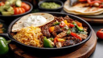 Sizzling fajita skillet with grilled meat, colorful peppers, and rice, served with tortillas photo