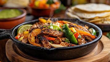 Sizzling fajita skillet with colorful vegetables and lime, served with tortillas photo