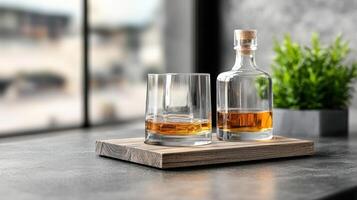 sophisticated home bar setup featuring whiskey decanters and glasses, perfect for relaxation photo