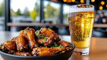 Delicious chicken wings served with refreshing beer in lively atmosphere photo