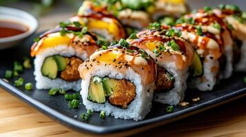 Sushi platter features vibrant rolls with fresh ingredients and sauces, perfect for sharing photo