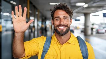 Bright smile and friendly wave from man in yellow shirt at airport terminal photo