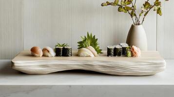 Sushi platter featuring variety of sushi types, beautifully arranged with garnishes and photo