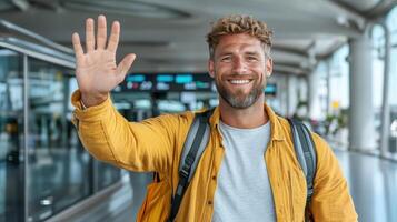 cheerful traveler waving at airport, ready for adventure photo