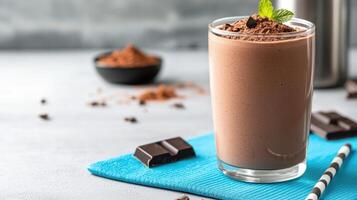 Thick chocolate protein shake glass, garnished with mint, surrounded by cocoa powder and photo