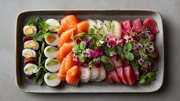 Sushi platter arranged beautifully with fresh fish, vegetables, and flowers, creating vibrant photo