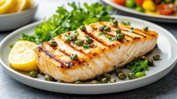 Grilled swordfish steak garnished with capers and lemon, served with fresh herbs photo