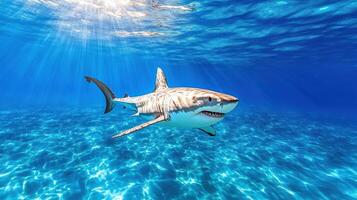 majestic shark glides gracefully through clear blue ocean, showcasing its powerful form and photo