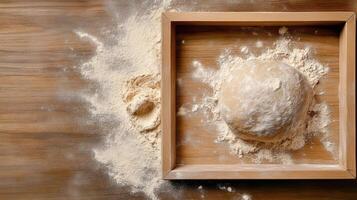 Fresh dough resting in wooden frame, surrounded by flour, evokes sense of rustic baking photo