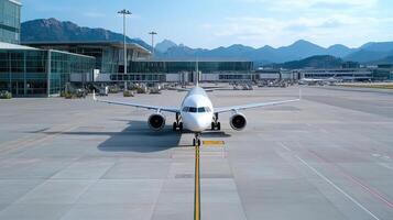 modern airplane is parked airport, surrounded by mountains and terminal buildings photo