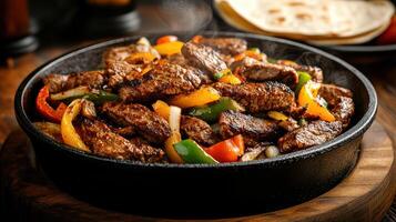 Sizzling steak with colorful peppers in cast iron skillet, perfect for delicious meal photo