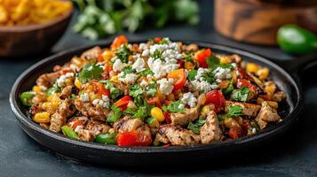 Sizzling plate of fajitas with chicken, colorful vegetables, and fresh cilantro creates vibrant photo