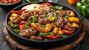 Sizzling fajita dish with colorful peppers and seasoned meat, served on hot skillet photo