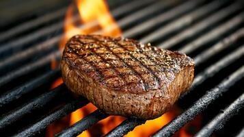 Sizzling steak on hot grill with flames rising, creating mouthwatering aroma photo