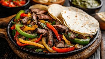 Sizzling plate of Mexican fajitas with grilled steak, colorful peppers, and tortillas photo
