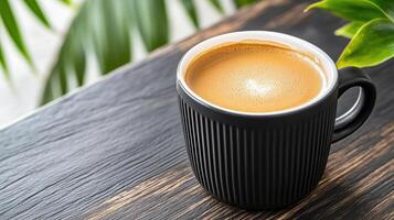 sleek black espresso cup filled with rich coffee sits dark wooden table, surrounded by greenery photo