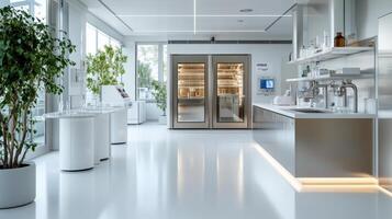 sleek, hyper modern laboratory featuring advanced equipment and bright, open spaces photo