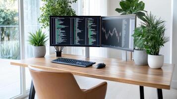 modern workspace featuring three ultra wide monitors displaying data, surrounded by greenery photo
