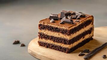 Delicious chocolate mousse cake with layers of rich chocolate and creamy filling, topped with photo