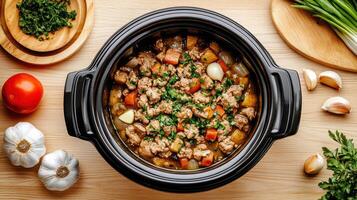 Delicious slow cooked meat with vegetables and herbs in black pot, perfect for hearty meals photo