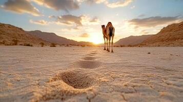 camel walks across sandy desert, leaving footprints behind as sun sets. scene captures beauty of photo