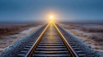 solitary railway track stretches into foggy landscape, illuminated by distant light photo