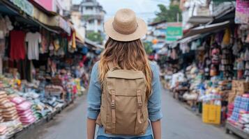 Exploring vibrant market, traveler enjoys lively atmosphere and unique finds photo