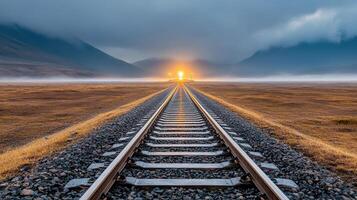 solitary railway track stretches through vast landscape, illuminated by stunning sunset photo