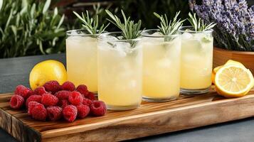 Refreshing lemonade drinks with raspberries and lemon slices create vibrant summer vibe photo