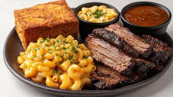 Delicious Southern style barbecue plate with brisket, macaroni, cornbread, and sauce photo