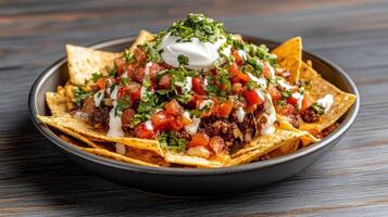 Delicious nachos topped with spicy meat, fresh salsa, and creamy sauce create mouthwatering dish photo