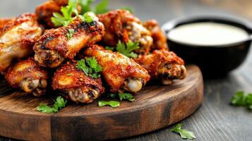 Spicy buffalo wings served wooden platter, garnished with fresh herbs, evoke mouthwatering photo