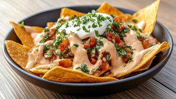 Crispy nachos topped with fresh salsa, creamy sauce, and herbs create delicious dish photo