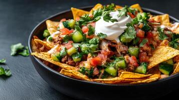 Delicious nacho dish topped with fresh ingredients and creamy sauce, perfect for sharing photo