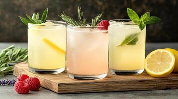 Refreshing lemonade drinks with herbs and fruits photo
