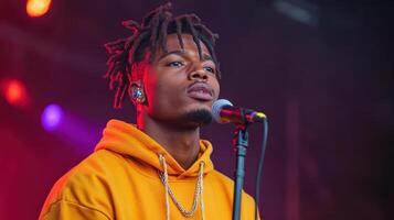 Passionate performer singing on stage with vibrant lighting and focused expression photo