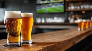 Refreshing craft beers on wooden bar with sports game in background, creating lively atmosphere photo