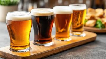 Craft beer flight with various styles served in glasses, showcasing rich colors and textures photo