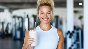cheerful fitness enthusiast holding protein shake gym setting, radiating positivity and health photo