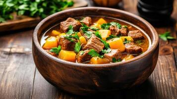 steaming bowl of hearty beef and vegetable soup filled with tender meat and fresh herbs photo