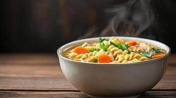 steaming bowl of homemade chicken noodle soup with vegetables, perfect for comfort photo
