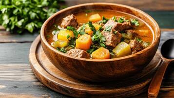 steaming bowl of hearty beef and vegetable soup filled with fresh ingredients and vibrant colors photo