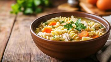 steaming bowl of homemade chicken noodle soup with vegetables and herbs, perfect for comfort photo