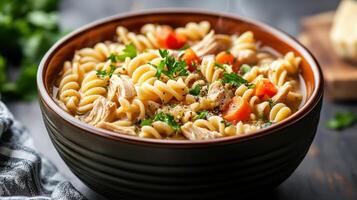 steaming bowl of homemade chicken noodle soup with pasta, vegetables, and herbs photo