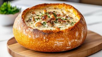 Thick and creamy clam chowder served in sourdough bread bowl, perfect for cozy meal photo